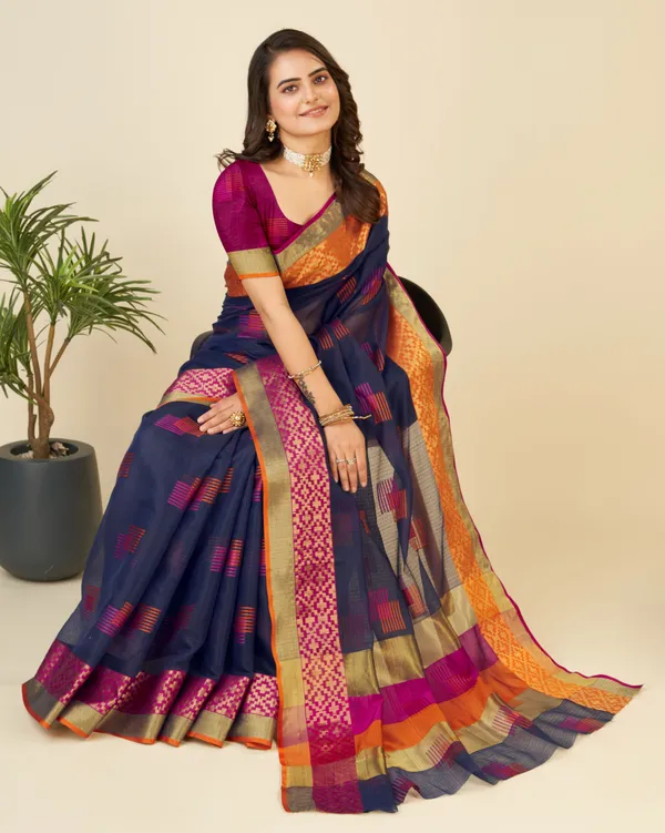 Midnight_Blue_Vedika_Cotton_Saree_With_Unstitched_Blouse_Piece