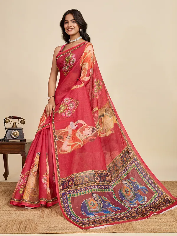Red_Kajri_Linan_Saree_With_Unstitched_Blouse_Piece