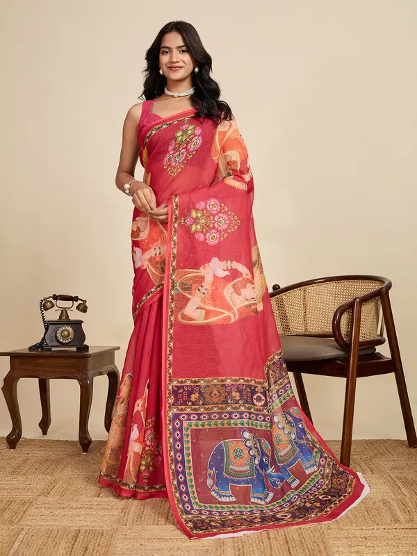 Red_Kajri_Linan_Saree_With_Unstitched_Blouse_Piece