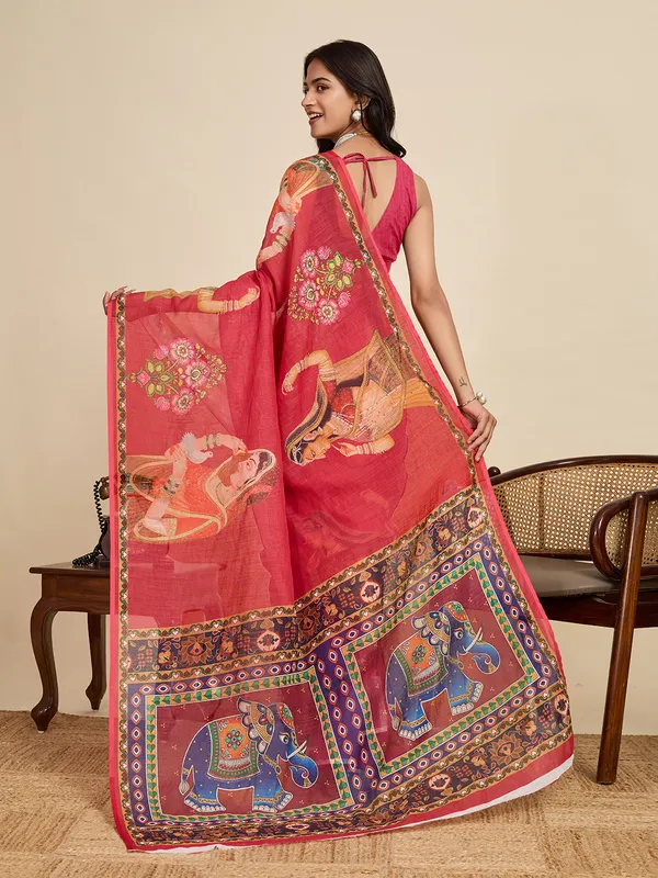 Red_Kajri_Linan_Saree_With_Unstitched_Blouse_Piece