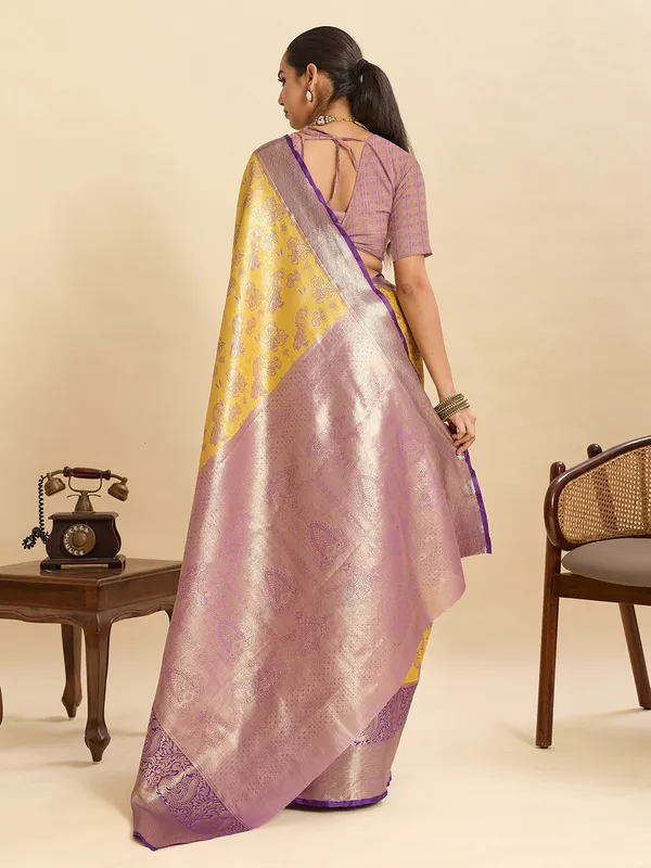 Yellow_Anarkali_Silk_Saree_With_Unstitched_Blouse_Piece