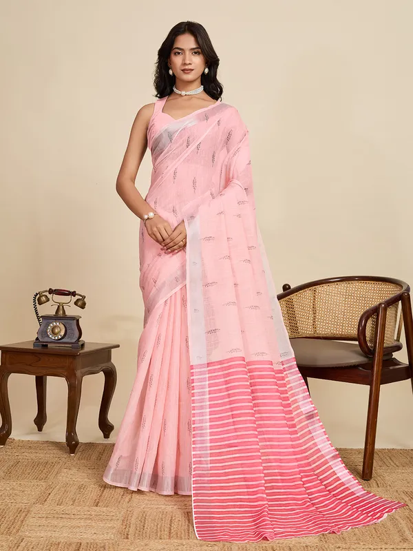 Light_Pink_Kajri_Linan_Saree_With_Unstitched_Blouse_Piece