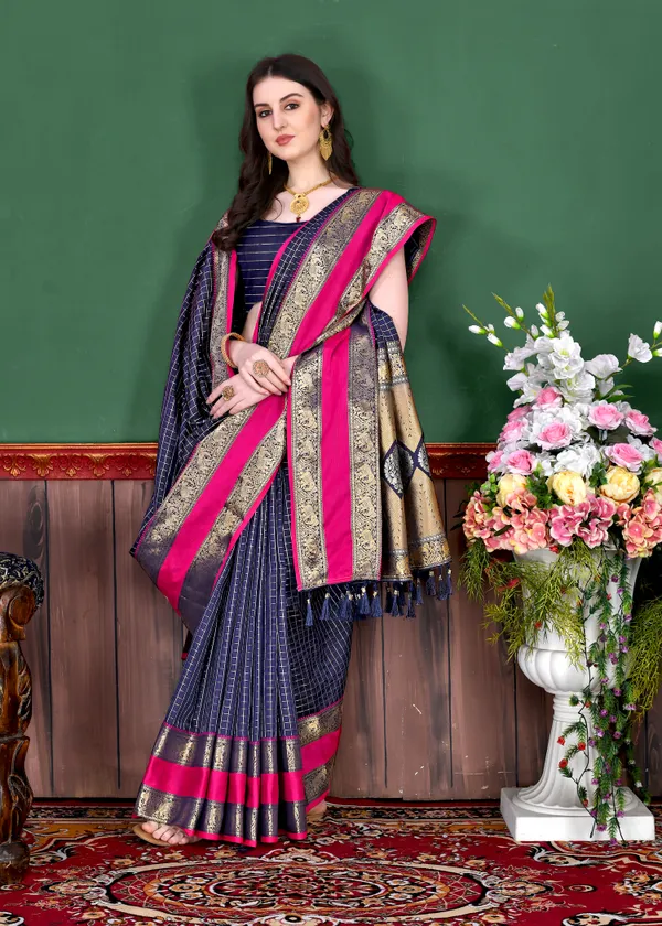 Navy_Blue_Silk_Saree_With_Unstitched_Blouse_Piece
