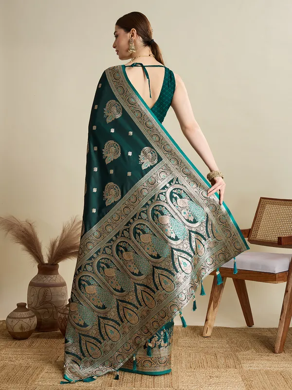 Bottlegreen_Rajgharana_Silk_Saree_With_Unstitched_Blouse_Piece