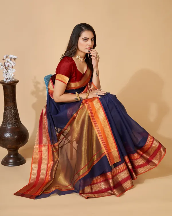Midnight_Blue_Suhani_Cotton_Saree_With_Unstitched_Blouse_Piece