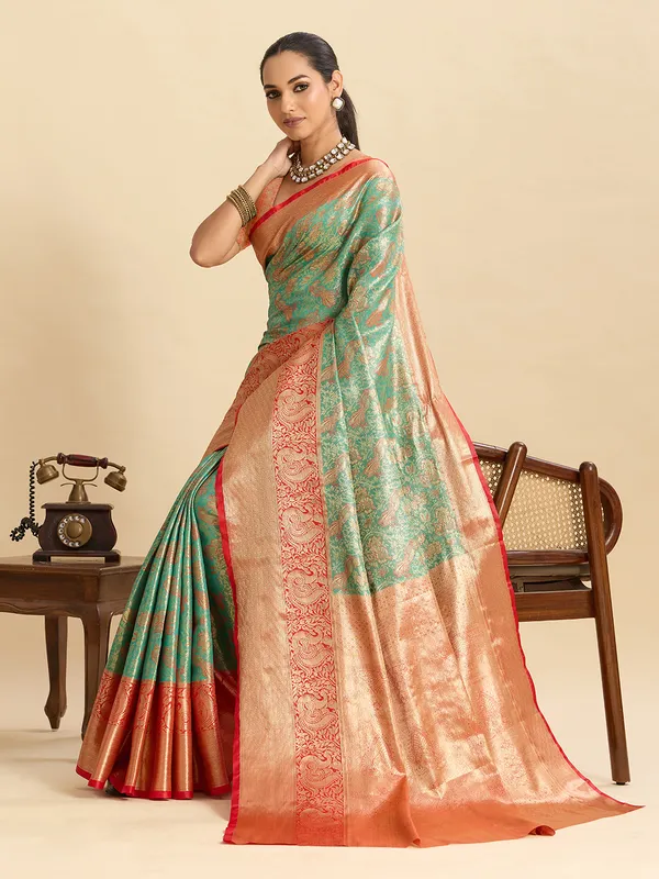 Olive_Drab_Anarkali_Silk_Saree_With_Unstitched_Blouse_Piece