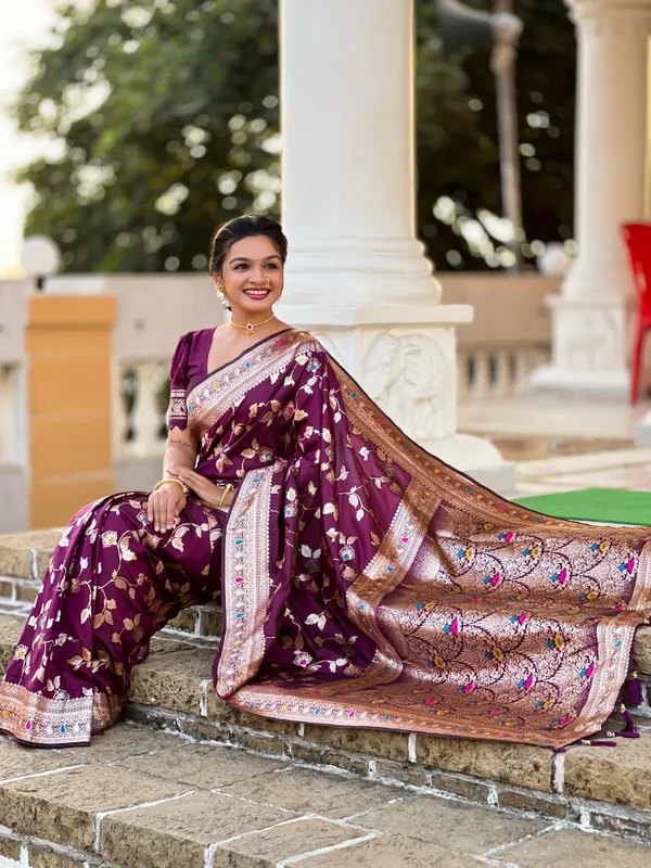 Wine_Banarasi_Banarasi_Silk_Saree_With_Unstitched_Blouse_Piece