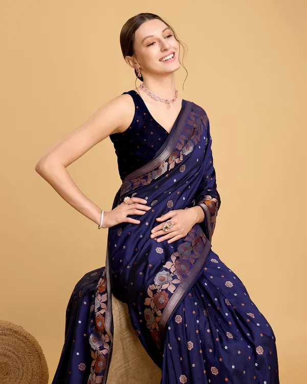 Dark_Blue_Radhika_Jacquard_Fabrics_Saree_With_Unstitched_Blouse_Piece