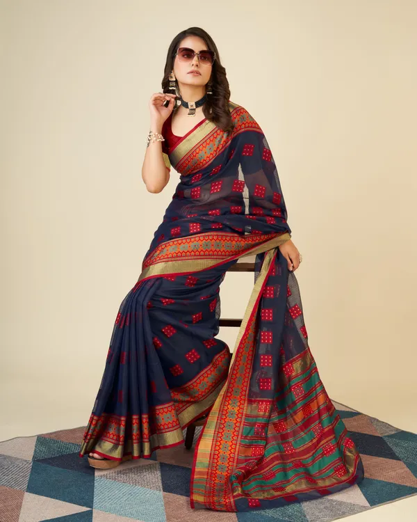 Midnight_Blue_Vedika_Cotton_Saree_With_Unstitched_Blouse_Piece