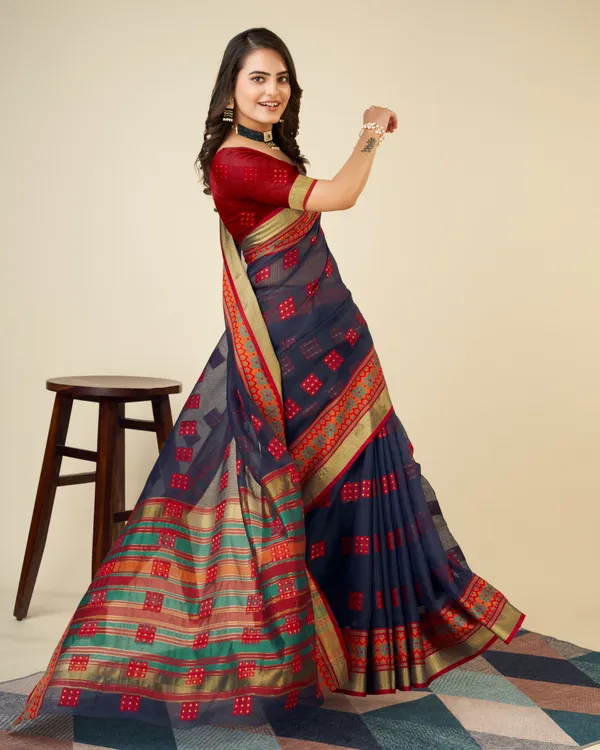 Midnight_Blue_Vedika_Cotton_Saree_With_Unstitched_Blouse_Piece