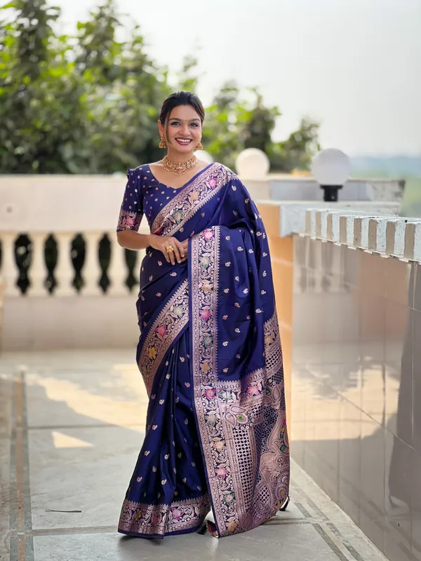 Navy_Banarasi_Banarasi_Silk_Saree_With_Unstitched_Blouse_Piece