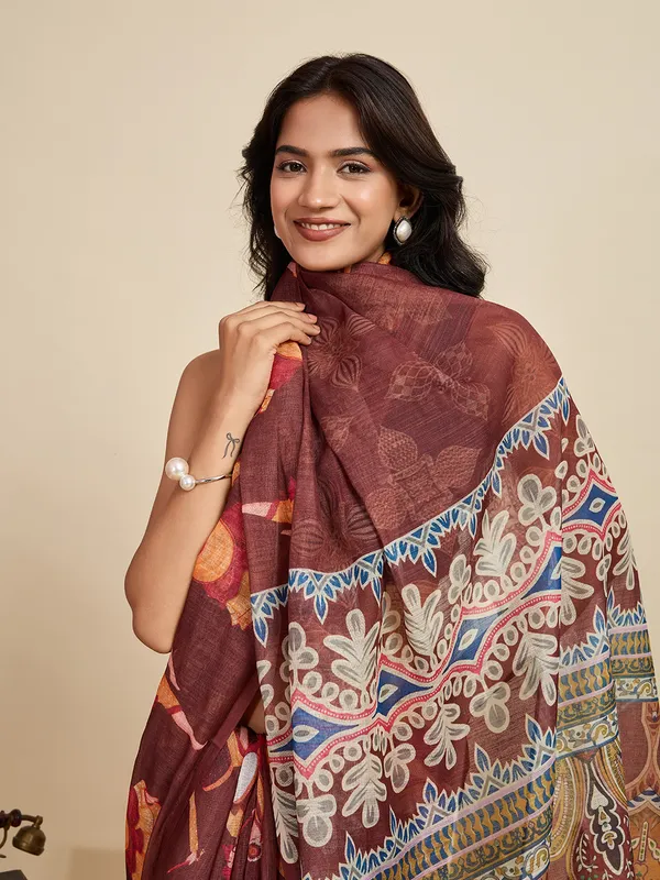 Brown_Kajri_Linan_Saree_With_Unstitched_Blouse_Piece