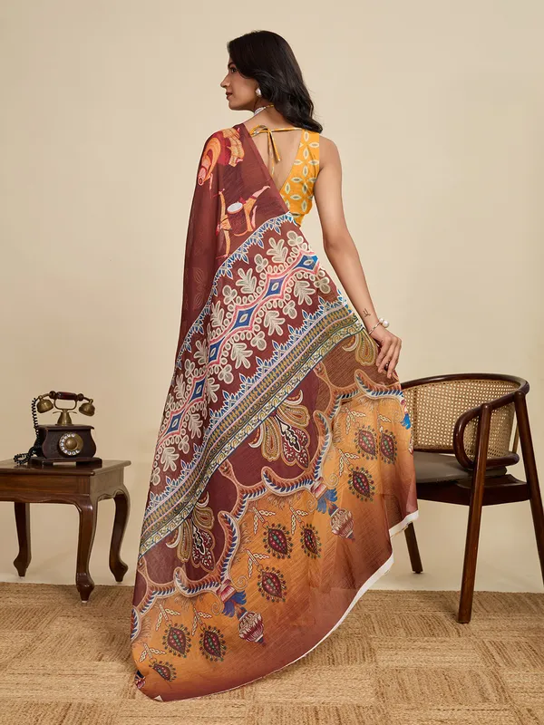 Brown_Kajri_Linan_Saree_With_Unstitched_Blouse_Piece