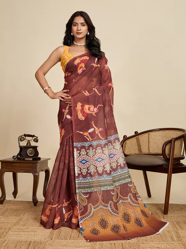 Brown_Kajri_Linan_Saree_With_Unstitched_Blouse_Piece