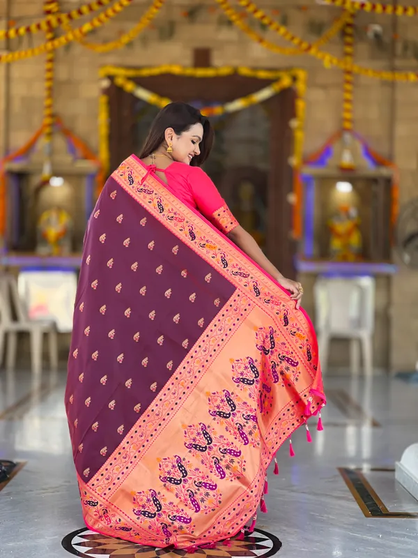Wine_Royal_Paithani_Silk_Saree_With_Unstitched_Blouse_Piece