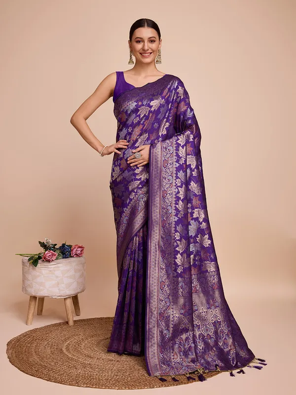 Dark_Purple_Panjari_Silk_Saree_With_Unstitched_Blouse_Piece
