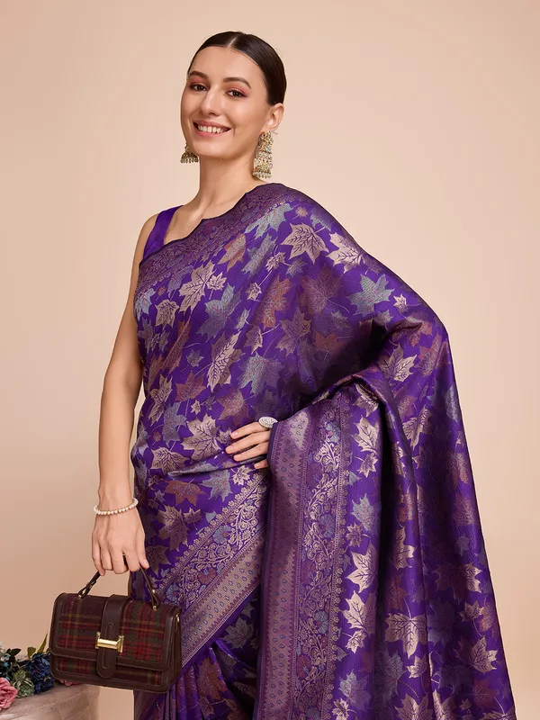 Dark_Purple_Panjari_Silk_Saree_With_Unstitched_Blouse_Piece