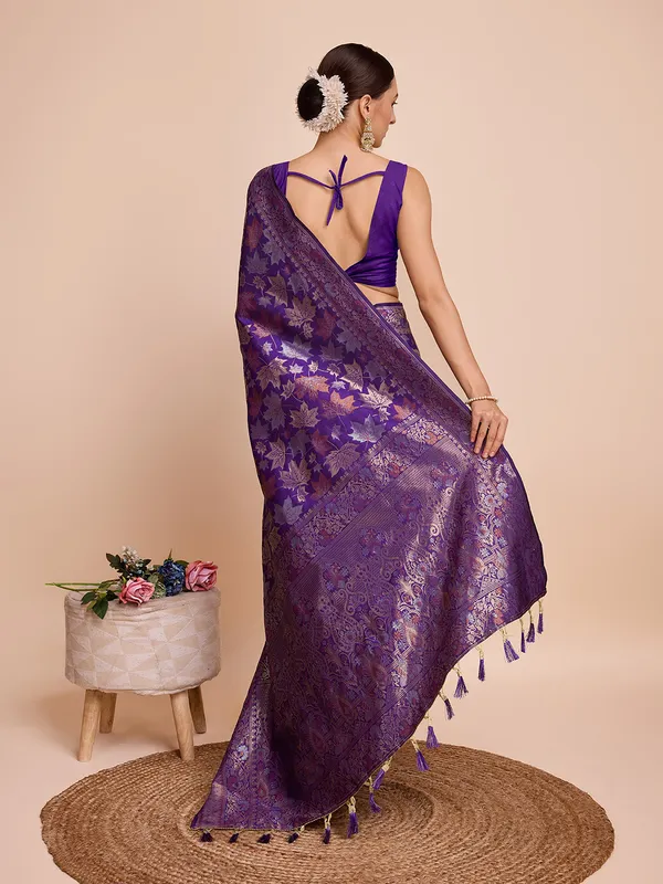 Dark_Purple_Panjari_Silk_Saree_With_Unstitched_Blouse_Piece