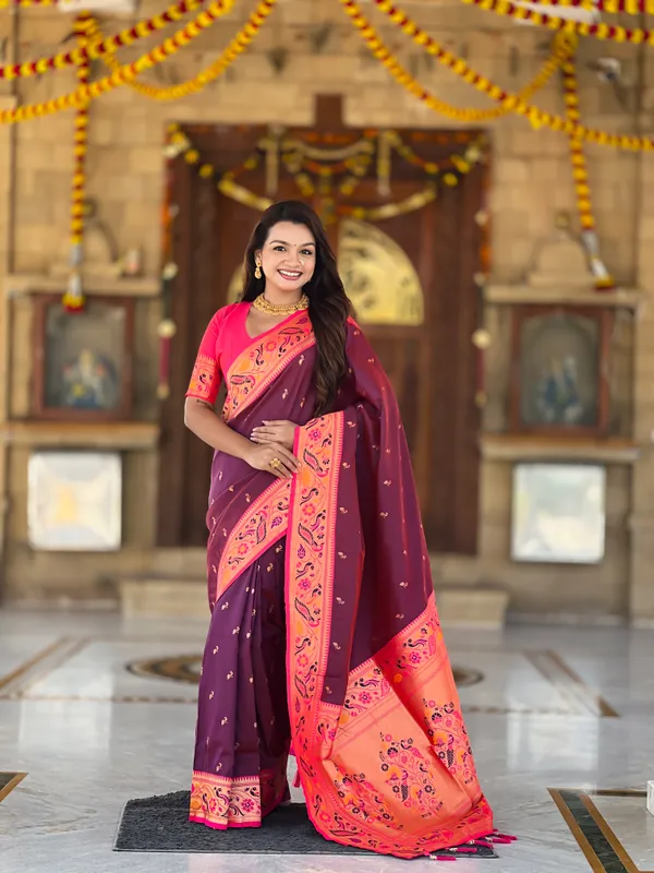 Wine_Royal_Paithani_Silk_Saree_With_Unstitched_Blouse_Piece