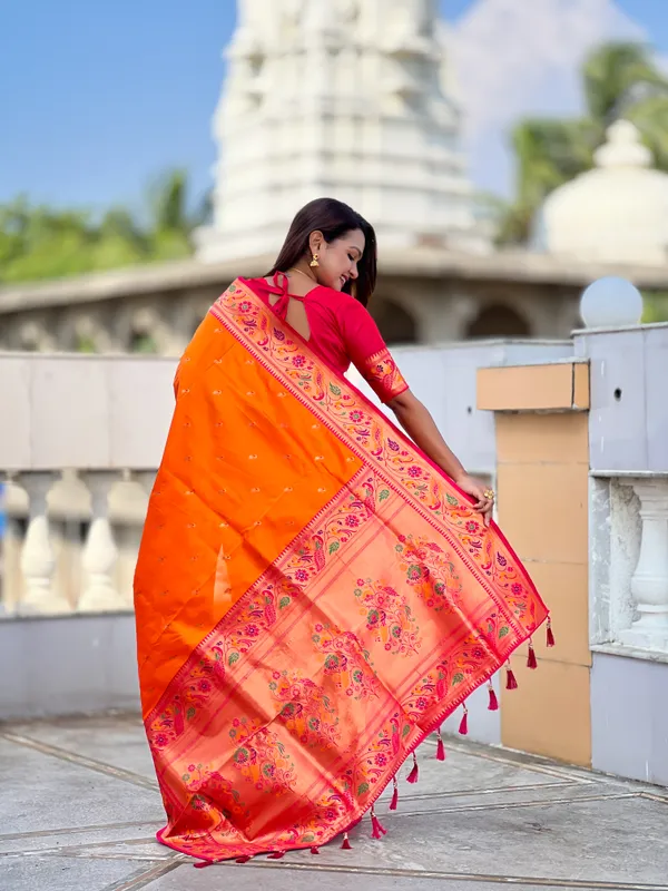 Orange_Royal_Paithani_Silk_Saree_With_Unstitched_Blouse_Piece