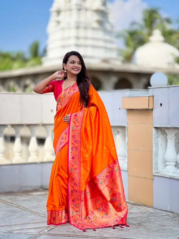 Orange_Royal_Paithani_Silk_Saree_With_Unstitched_Blouse_Piece