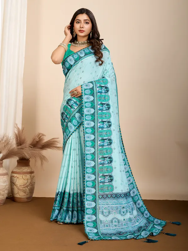 Powder_Blue_Aarni_Cotton_Saree_With_Unstitched_Blouse_Piece