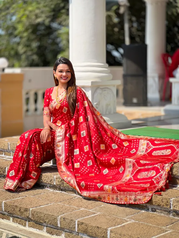 Red_Swastik_Silk_Saree_With_Unstitched_Blouse_Piece