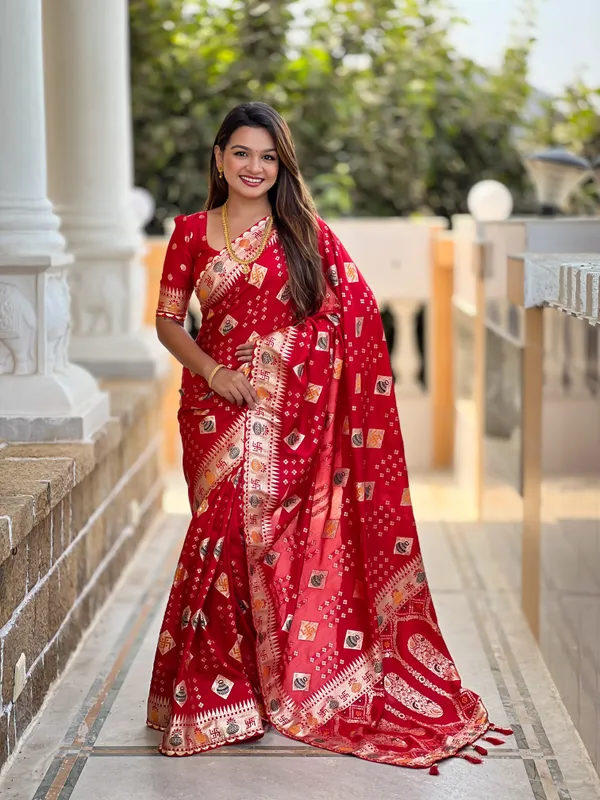Red_Swastik_Silk_Saree_With_Unstitched_Blouse_Piece