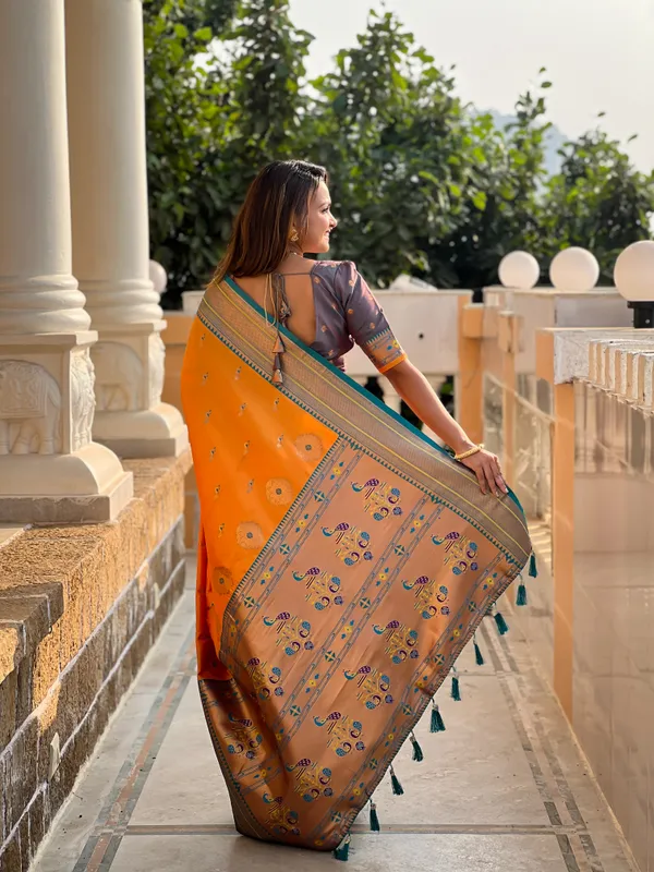 Musturedorange_Peacock_Paithani_Silk_Saree_With_Unstitched_Blouse_Piece
