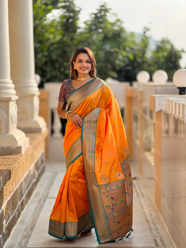 Musturedorange_Peacock_Paithani_Silk_Saree_With_Unstitched_Blouse_Piece
