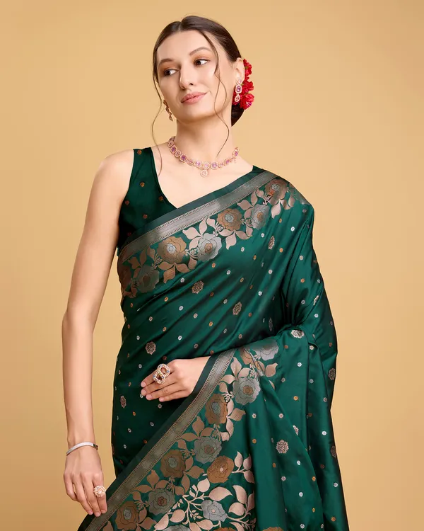Dark_Green_Radhika_Jacquard_Silk_Saree_With_Unstitched_Blouse_Piece
