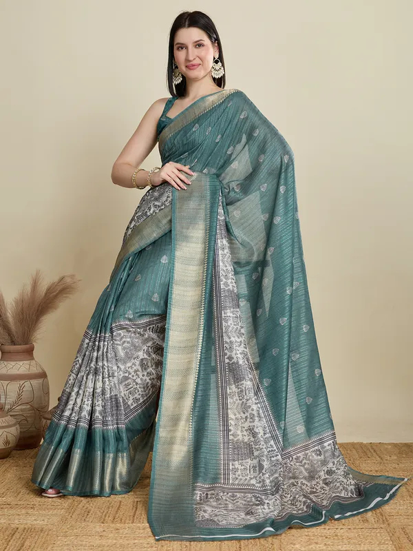 Teal_Abhilasha_Cotton_Saree_With_Unstitched_Blouse_Piece