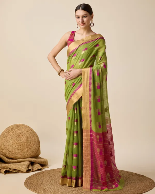 Mehndi_Cotton_Saree_With_Unstitched_Blouse_Piece