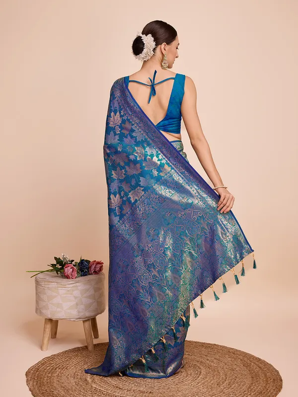 Teal_Panjari_Silk_Saree_With_Unstitched_Blouse_Piece
