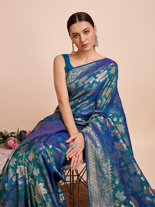 Teal_Panjari_Silk_Saree_With_Unstitched_Blouse_Piece