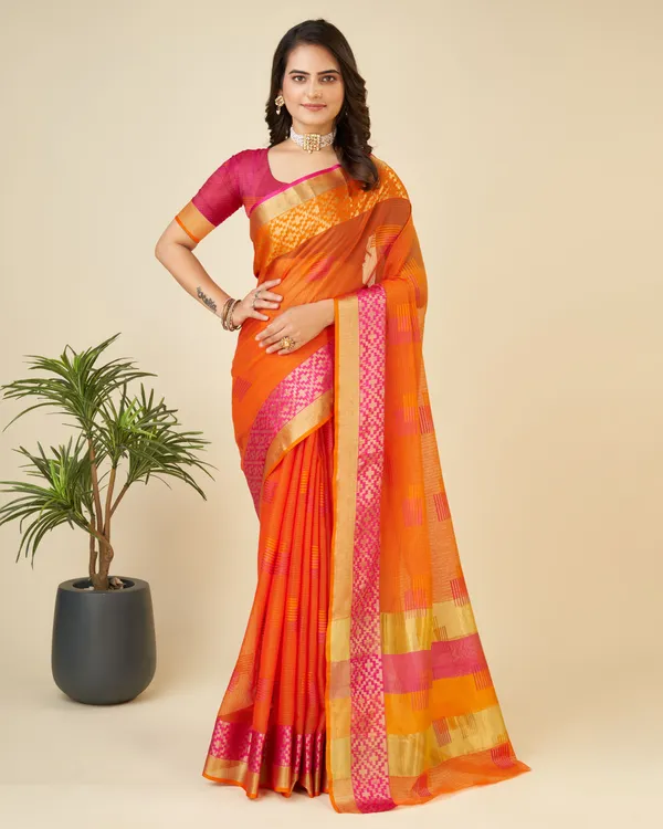 Orange_Yellow_Vedika_Cotton_Saree_With_Unstitched_Blouse_Piece