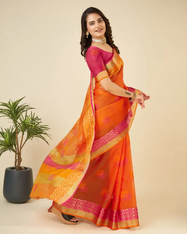 Orange_Yellow_Vedika_Cotton_Saree_With_Unstitched_Blouse_Piece