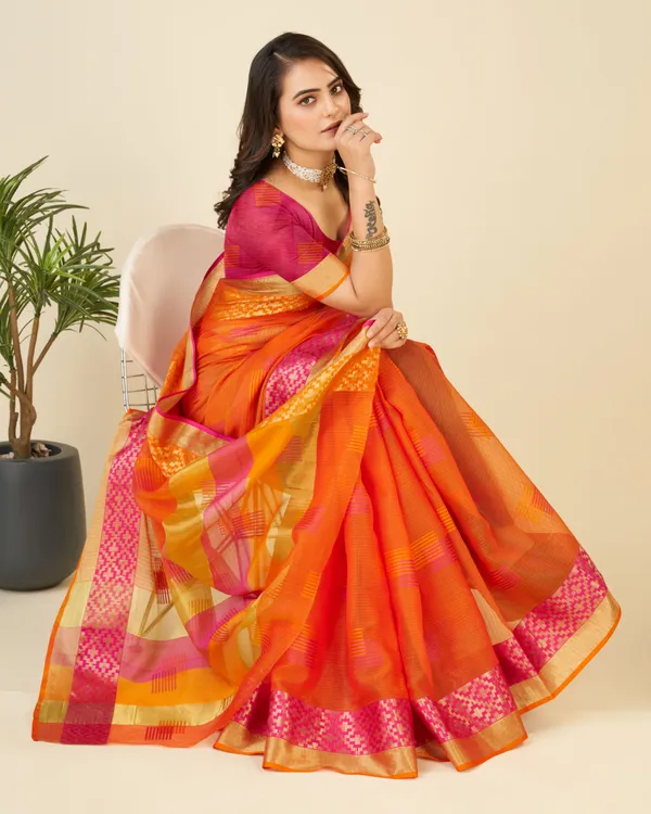 Orange_Yellow_Vedika_Cotton_Saree_With_Unstitched_Blouse_Piece