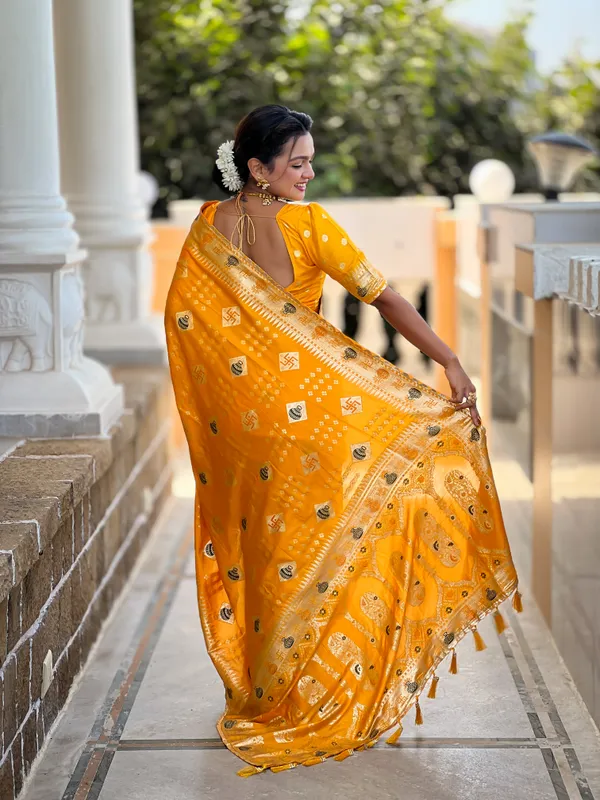 Yellow_Swastik_Silk_Saree_With_Unstitched_Blouse_Piece