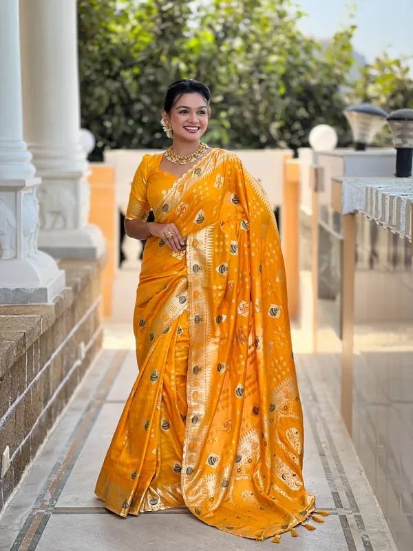 Yellow_Swastik_Silk_Saree_With_Unstitched_Blouse_Piece