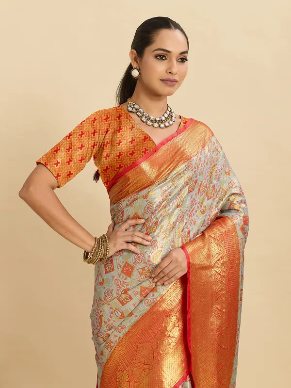 Orange_Yellow_Sayara_Silk_Saree_With_Unstitched_Blouse_Piece