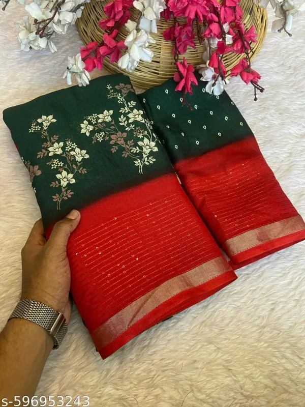 Green_Marshmallow_Fabric_Floral_Printed_Saree_With_Sequin_Border_Blouse_Dark_Green_Party_Festive_Wear_Saree_For_Women