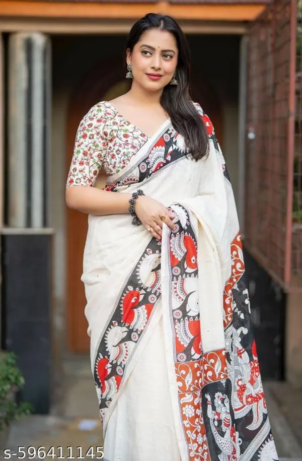 White_Soft_Linen_Kalamkari_Printed_Saree_With_Mirror_Work_Ivory_Linen_Saree_With_Blouse_Festive_Office_Wear_Saree
