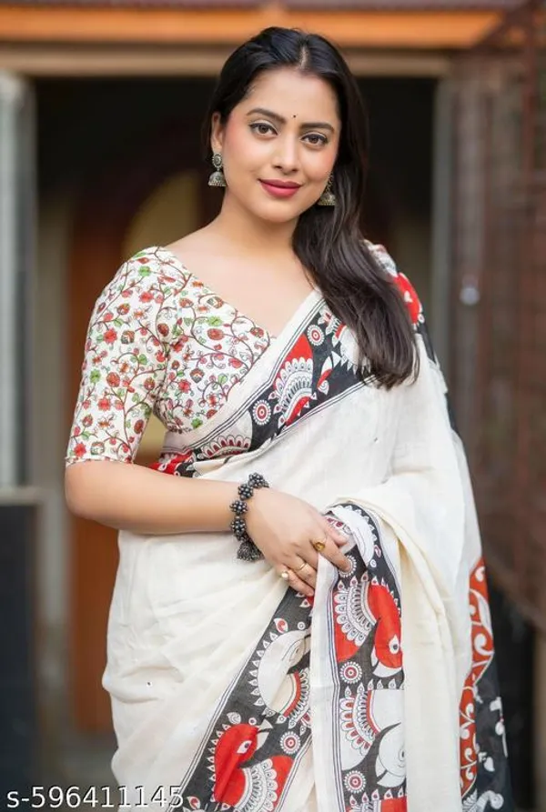 White_Soft_Linen_Kalamkari_Printed_Saree_With_Mirror_Work_Ivory_Linen_Saree_With_Blouse_Festive_Office_Wear_Saree