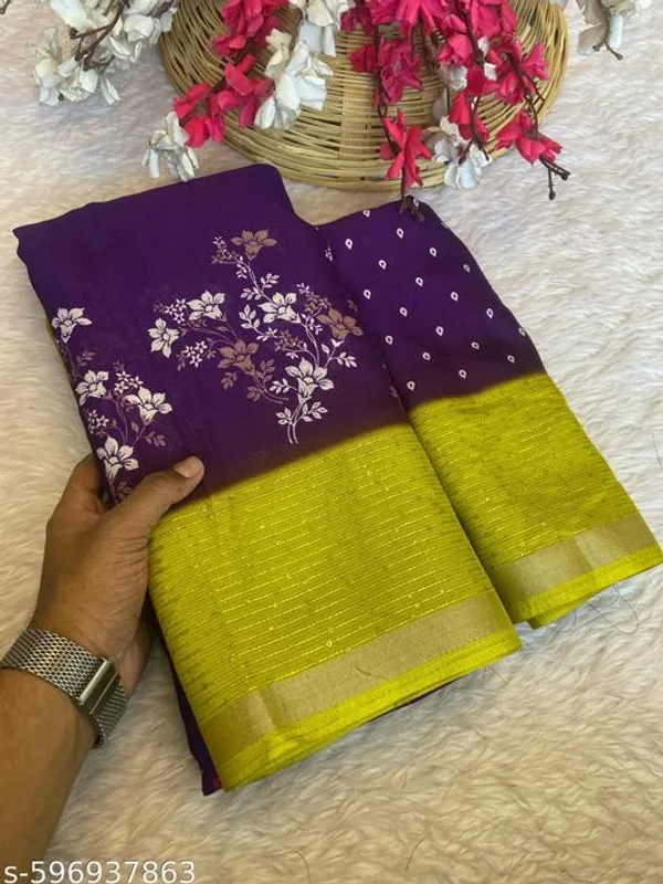 Purple_Marshmallow_Fabric_Floral_Printed_Saree_With_Sequin_Border_Blouse_Lightweight_Party_Festive_Wear_Saree_For_Women