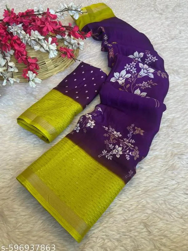 Purple_Marshmallow_Fabric_Floral_Printed_Saree_With_Sequin_Border_Blouse_Lightweight_Party_Festive_Wear_Saree_For_Women