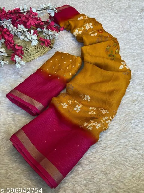 Yellow_Marshmallow_Fabric_Floral_Printed_Saree_With_Sequin_Border_Mustard_Saree_With_Pink_Contrast_Party_Festive_Wear_Saree