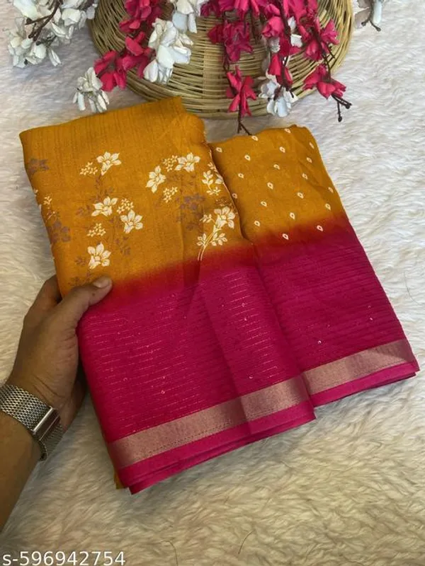 Yellow_Marshmallow_Fabric_Floral_Printed_Saree_With_Sequin_Border_Mustard_Saree_With_Pink_Contrast_Party_Festive_Wear_Saree