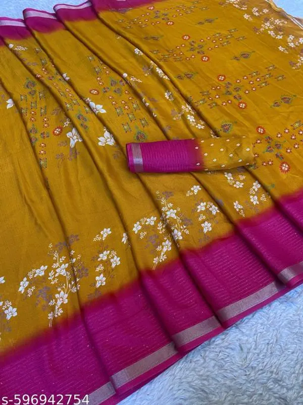 Yellow_Marshmallow_Fabric_Floral_Printed_Saree_With_Sequin_Border_Mustard_Saree_With_Pink_Contrast_Party_Festive_Wear_Saree