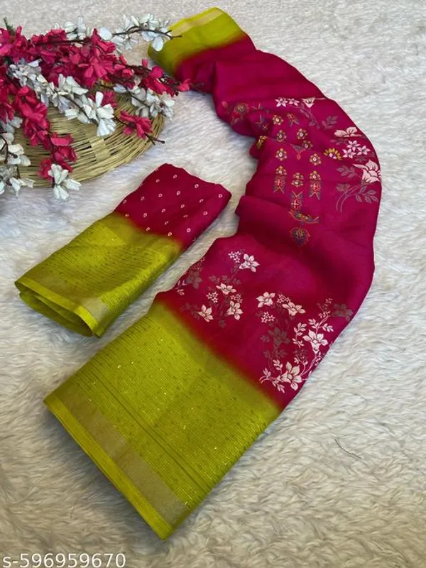 Pink_New_Arrival_Pink_Floral_Saree_With_Green_Contrast_Sequin_Border_Designer_Party_Wear_Saree_With_Matching_Blouse_Festive_Wedding_Saree_For_Women